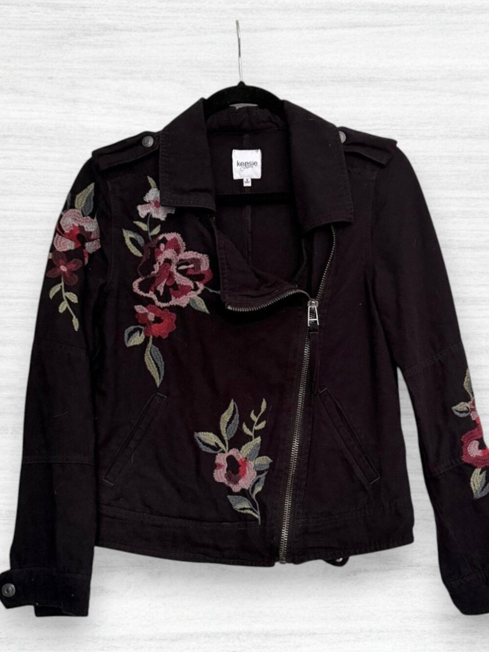 Kensie Jeans Black Denim Floral Embroidered Asymmetrical Moto Jacket Womens S